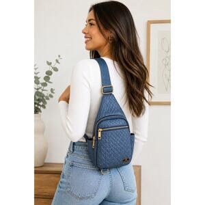 AR New York Crossbody Sling Bag Blue Vegan Leather Quilted Gold Hardware NWT 🌼